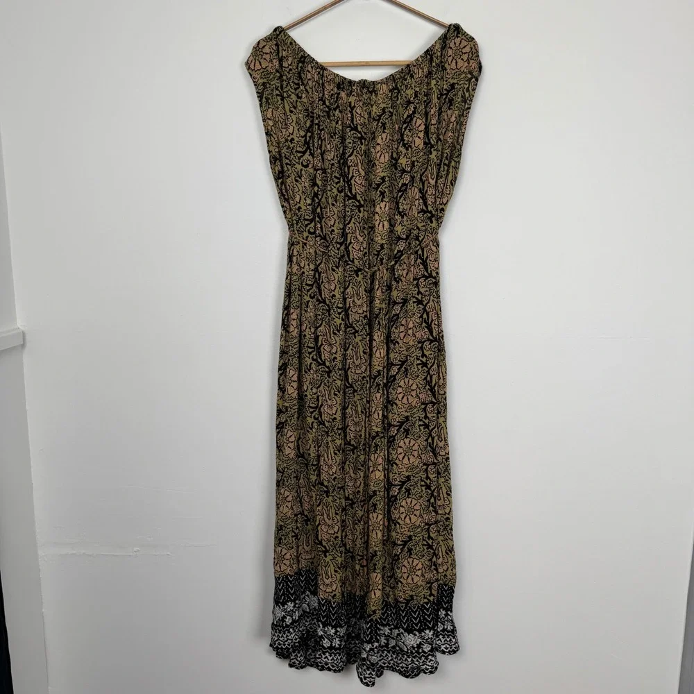 Free People Sweet Soul Smocked‎ Boho Maxi Dress Olive Black Floral Print XS